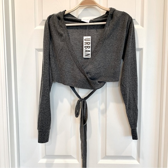 UO Gray Cozy Brushed Knot Steffie Hooded Wrap Crop Top - Picture 5 of 11